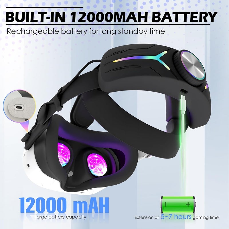 Orzero Upgraded 12000mah Battery Head Strap Compatible for Quest 3S, 9V 2A PD Fast Charging Extended Gaming Time with RGB Light Exclusively Designed Accessories for Quest 3s - Black - Image 3